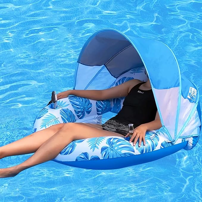 New Upgraded Pool Chair Float with Shade,XL Pool Floats for Adults Heavy Duty,Inflatable Pool Chair Lounge Float with Cup Holder & Backrest for Pool,Lake,Beach
